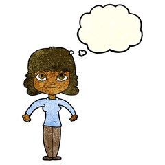 cartoon woman shrugging shoulders with thought bubble