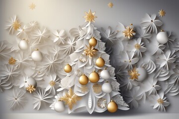 Paper art of luxurious Christmas tree layered background adorned with gold and silver ornaments, creating an elegant and sophisticated holiday ambiance. Generative AI