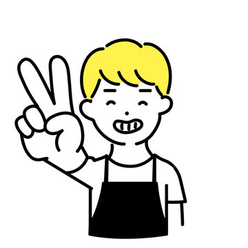 recommend clip art: かわいい人物のイラストシリーズ _ 男性の店員_ ピースサイン