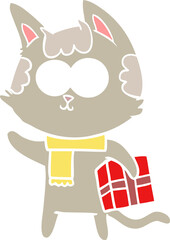 happy flat color style cartoon cat with christmas present