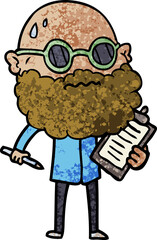 cartoon worried man with beard and sunglasses taking survey