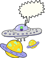 freehand drawn comic book speech bubble cartoon flying saucer in space
