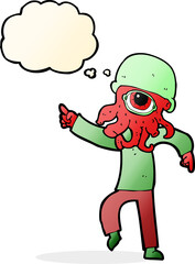 cartoon alien man dancing with thought bubble