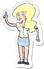 retro distressed sticker of a cartoon pretty woman with idea