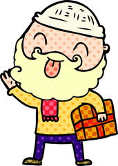 man with beard carrying christmas present