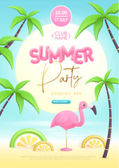 Summer disco party poster with 3D plastic text, palm trees and flamingo. Summer background. Vector illustration