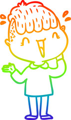 rainbow gradient line drawing of a cartoon happy boy surprised