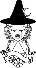 Black and White Tattoo linework Style crying orc witch with natural one D20 roll