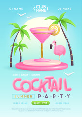 Summer cocktail disco party poster with 3D plastic cosmopolitan cocktail, palm trees and flamingo. Vector illustration