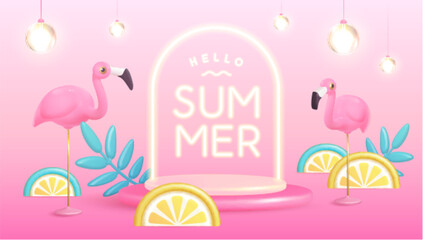 Hello Summer poster with 3D plastic tropic fruits, leaves, flamingo and neon text. Summer background. Vector illustration
