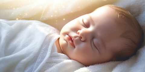 Kleines putziges Baby mit hübschem Gesicht schläft in mitten von Sonnenstrahlen Lichteinfall und träumt süß, ai generativ - obrazy, fototapety, plakaty
