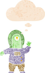 cartoon space alien with thought bubble in grunge distressed retro textured style