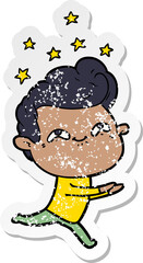 distressed sticker of a cartoon excited man