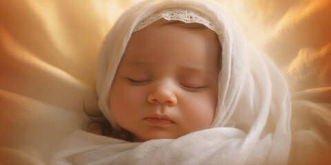 Baby mit weißer Decke umhüllt mit Sonnenstrahlen und Lichteinfall Nahaufnahme, ai generativ - obrazy, fototapety, plakaty