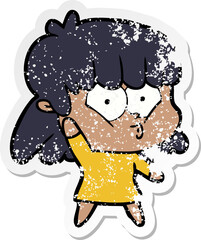 distressed sticker of a cartoon whistling girl