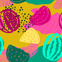 Seamless colorful pattern with abstract watermelons. Summer texture pattern. Textile, blog design, banner, poster, wrapping paper.