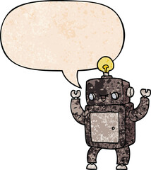 cartoon happy robot with speech bubble in retro texture style