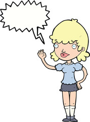 cartoon waving woman with speech bubble