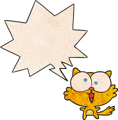 cute cartoon crazy cat with speech bubble in retro texture style