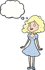 cartoon happy woman in dress with thought bubble
