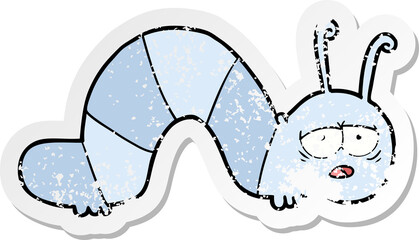 distressed sticker of a cartoon tired caterpillar