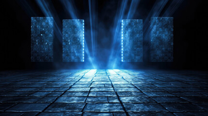 empty dark room or stage transformed with mist, fog, and white, blue spotlights, perfect for showcasing artistic works and products. generative ai