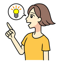 A young woman pointing upward with a light bulb