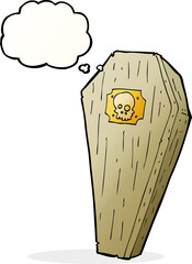 spooky cartoon coffin with thought bubble