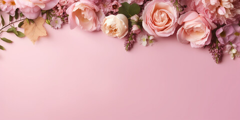 Obraz na płótnie Canvas Rosa Blumen dekoriert mit rosa Untergrund zum Muttertag und Valentin mit Platzhalter, ai genrativ
