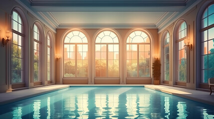 Beautiful pool with panoramic windows on winter evening. Generative Ai