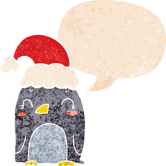 cute christmas penguin with speech bubble in grunge distressed retro textured style