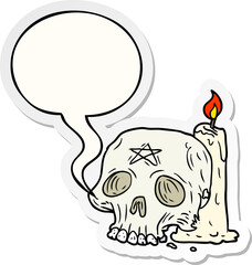 cartoon spooky skull and candle with speech bubble sticker