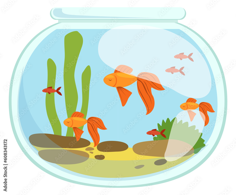 Poster Aquarium with swimming fishes. Glass tank cartoon icon