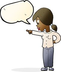 cartoon enthusiastic woman pointing with speech bubble