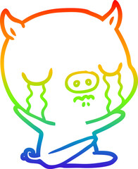 rainbow gradient line drawing of a cartoon sitting pig crying
