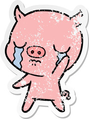distressed sticker of a cartoon pig crying waving goodbye