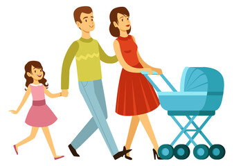 Happy parents walking with little girl and baby carriage