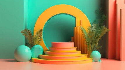 Rendering of abstract geometric background with summer podium. Generative Ai