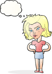 cartoon woman with hands on hips with thought bubble