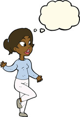 cartoon friendly woman waving with thought bubble