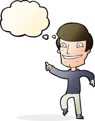 cartoon happy man pointing with thought bubble