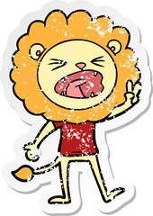 distressed sticker of a cartoon lion giving peac sign