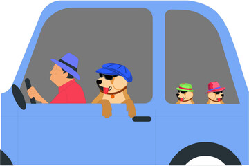 Obraz premium Dogs are travelling and looking out of car window. Vector illustration.