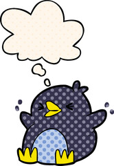 cartoon penguin with thought bubble in comic book style