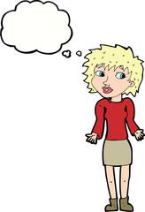 cartoon woman shrugging shoulders with thought bubble