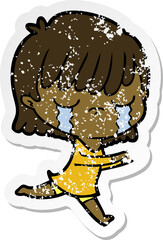 distressed sticker of a cartoon woman crying