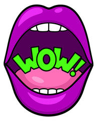 Wow pop art sticker with open woman mouth