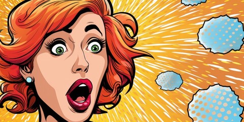 Whimsical girl captivates with open-mouthed 'wow' in comic pop art style, Generative AI