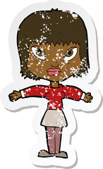 retro distressed sticker of a cartoon woman with outstretched arms