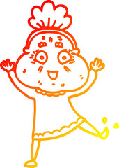warm gradient line drawing of a cartoon dancing old lady
